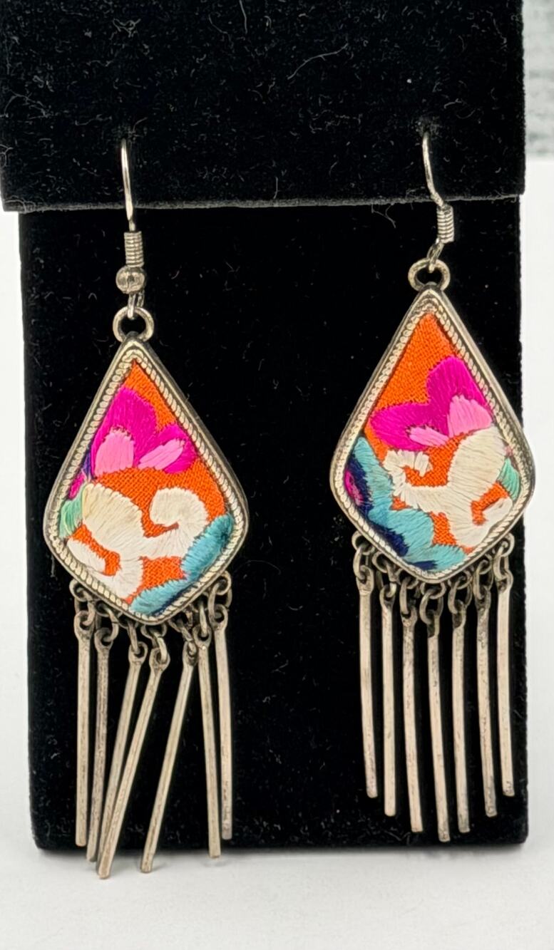 Chinese Miao Handcrafted Wearable Art Tibetan Silver & Silk Embroidery Earrings